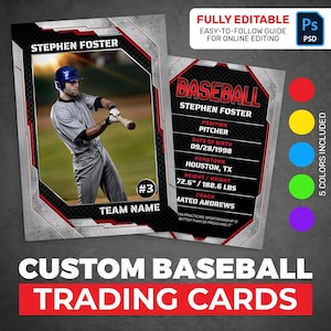 Customizable Baseball Trading Card Template – Editable PSD Files – Retro Sports Card Front and Back, 5 Colors, Youth & Team Gift Idea