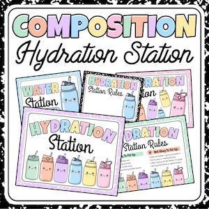 Könnte beinhalten: Eine Sammlung farbenfroher Schilder für eine Trinkstation mit dem Text "COMPOSITION Hydration Station". Die Schilder zeigen "WATER Station", "HYDRATION Station" und "HYDRATION Station Rules" mit Illustrationen von Wasserflaschen.