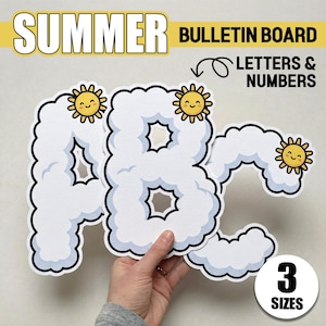 May include: White cloud-shaped letters A, B, and C with smiling sun accents, part of a bulletin board set. The word "SUMMER" is at the top, with "BULLETIN BOARD" and "LETTERS & NUMBERS" text. A circle indicates "3 SIZES".