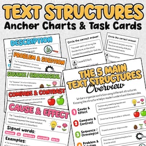 May include: Educational anchor charts and task cards on text structures. The charts cover description, problem & solution, sequence, compare & contrast, and cause & effect. Colorful illustrations and examples are included to aid understanding.
