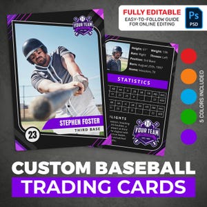 Modello di carta da gioco da baseball personalizzabile in formato PSD - Carte sportive modificabili fronte e retro • Set da 5 colori • Regalo stampabile per bambini e squadre