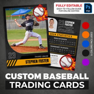 Bewerkbare Fireball Baseball Trading Card PSD • Sjablonen voor-/achterkant • 5 kleurensets (blauw, zwart, oranje, paars, rood) • Afdrukbaar teamcadeau