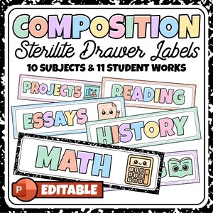 May include: A composition notebook-style design with the words "COMPOSITION Sterilite Drawer Labels" in pastel colours. Includes labels for subjects like Projects, Reading, Essays, History, and Maths. The labels are designed for 10 subjects and 11 student works, with an editable feature.