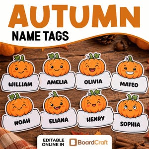 Puede incluir: Ocho etiquetas de nombre troqueladas con calabazas de dibujos animados de color naranja con varias expresiones faciales. Cada calabaza se asienta sobre una etiqueta rectangular blanca con texto negro que dice William, Amelia, Olivia, Mateo, Noah, Eliana, Henry y Sophia.