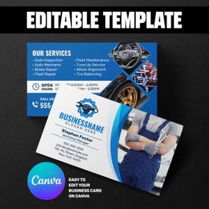 Pode incluir: Um modelo de cartão de visita com um design azul e branco, apresentando detalhes de serviços automotivos. O cartão inclui o texto "NOSSOS SERVIÇOS" e um mecânico segurando uma chave. O logotipo da Canva também é visível.