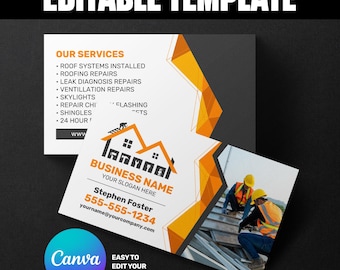 Modelo de cartão de visita para empresa de telhados | Design moderno para empreiteiros (editável no Canva)