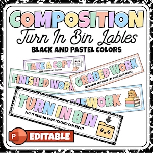 Op de afbeelding: Een grafische afbeelding in de stijl van een compositieboek met de tekst "COMPOSITION Turn In Bin Labels" in pastelkleuren. Bevat labels voor "Take a Copy", "Finished Work", "Graded Work", "Homework" en "Turn In Bin". Het woord "Editable" is ook aanwezig.