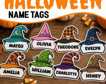 Editable Name Tag Template, Desk Name Tags, Witch Hat Halloween Bulletin Board