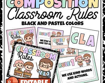 Komposition Notizbuch Klassenzimmer Regeln Poster und Bulletin Board Buchstaben | Bearbeitbare Pastell- und Schwarz-Klassenzimmer-Design-Poster