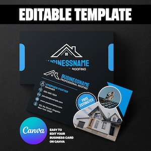 Può includere: Un modello di biglietto da visita nero e blu con la scritta "EDITABLE TEMPLATE" in alto. La scheda presenta un logo di copertura, informazioni di contatto e il testo "EASY TO EDIT YOUR BUSINESS CARD ON CANVA".
