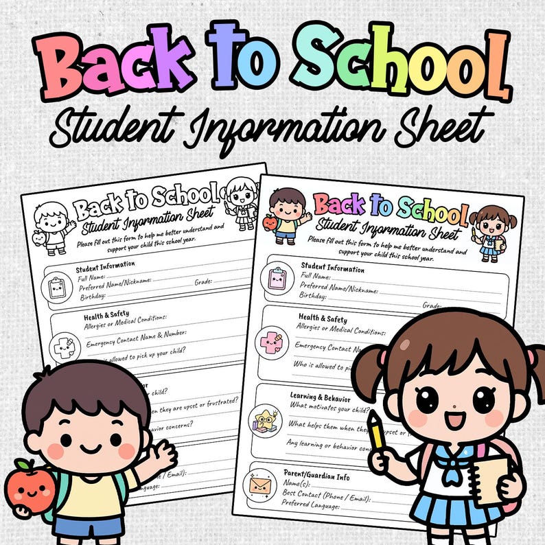 Student Information Sheet: Back to School Parent Contact Form (digital ...