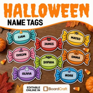 May include: A collection of seven candy-shaped name tags in various colours including teal, red, yellow, pink, green, orange, purple, and blue. Each tag features a unique Halloween icon and a name: Liam, James, Mateo, Evelyn, Sophia, Emma, Olivia, and Noah.