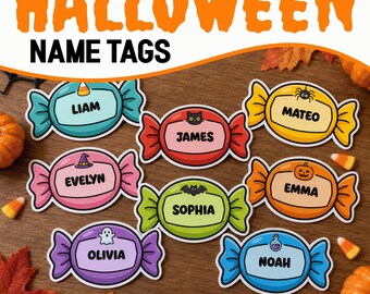 Editable Name Tag Template, Halloween Bulletin Board Candy Name Tags for Class