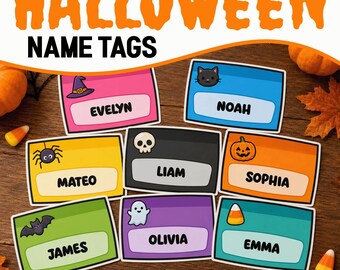 Editable Name Tag Template, Halloween Bulletin Board Sticky Note Desk Tags