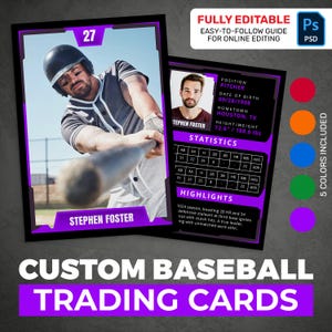 Modèle modifiable de carte à collectionner de baseball PSD - Carte de sport recto-verso • Ensemble de 5 couleurs • Cadeau pour équipe d'enfants, anniversaire, souvenir imprimable
