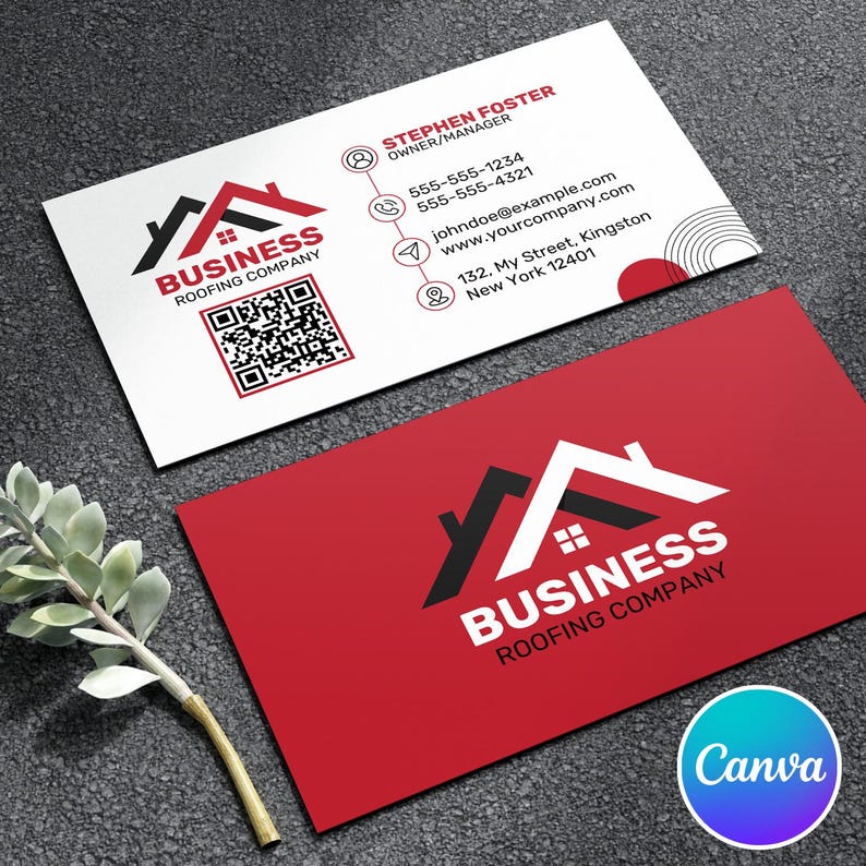 Pu&ograve; includere: Due biglietti da visita con il logo di un'azienda di coperture. Un biglietto &egrave; bianco con dettagli neri e rossi, l'altro &egrave; rosso con un logo bianco. I biglietti mostrano le informazioni di contatto e un codice QR.
