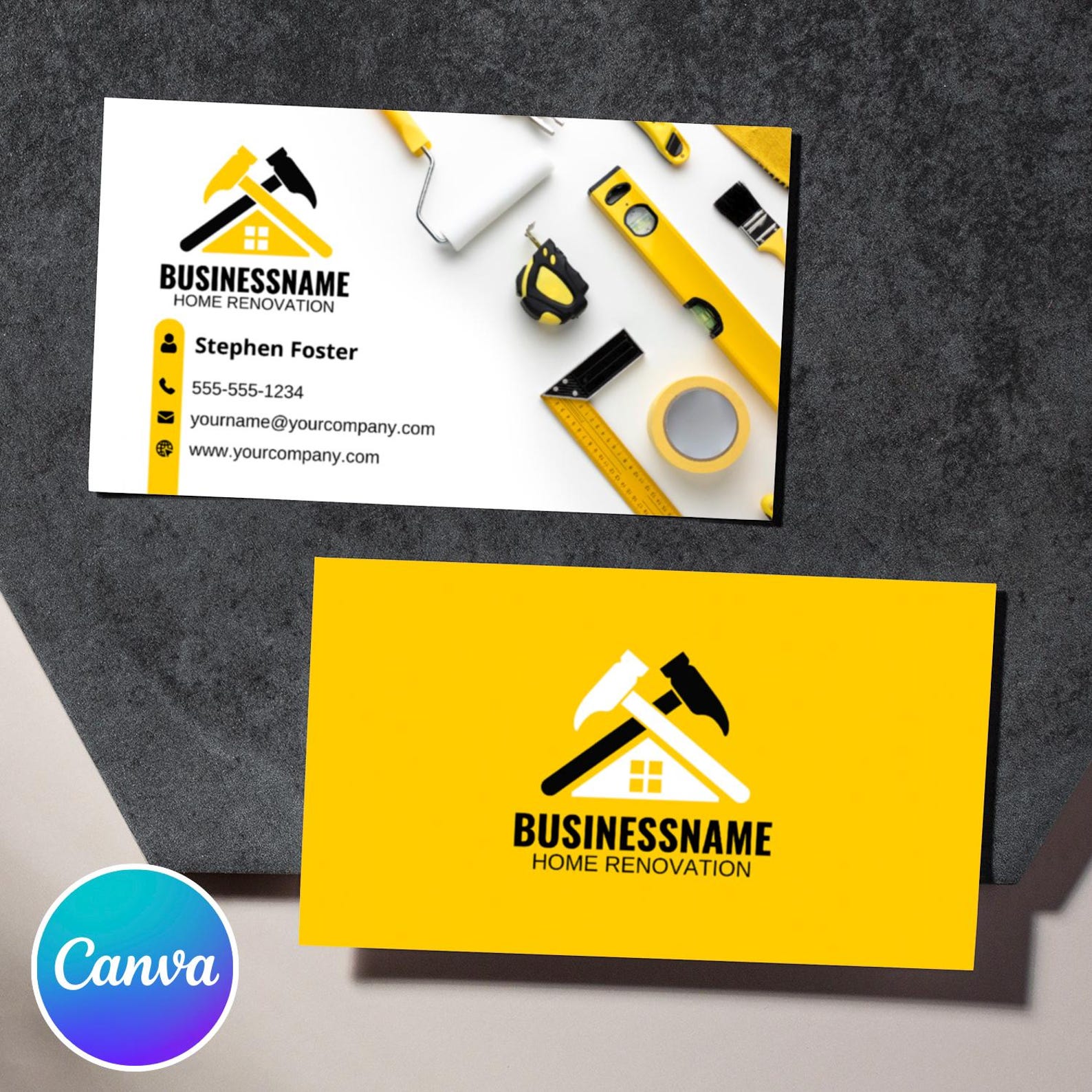 Contractor Business Card Template – Modern Yellow & Black Canva Design ...