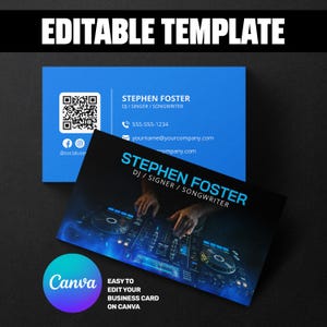 Può includere: Due biglietti da visita a tema DJ. Un biglietto è blu con informazioni di contatto e un codice QR. L'altro biglietto ha uno sfondo nero con una grafica di mixer DJ e il nome "Stephen Foster". Il logo Canva è visibile.