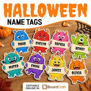Pode incluir: Oito etiquetas de nome de monstros coloridos com os nomes Noah, Evelyn, Sophia, Henry, Mateo, Emma, James e Olivia. Cada monstro segura uma placa para um nome. O texto HALLOWEEN NAME TAGS e EDITABLE ONLINE IN BoardCraft estão presentes.