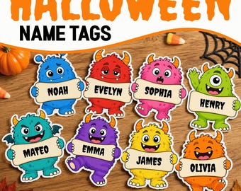 Editable Name Tag Template, Halloween Bulletin Board Monster Desk Name Tags