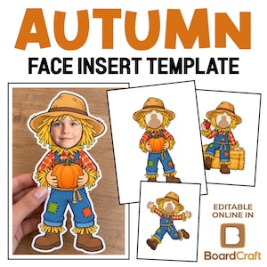 Puede incluir: Una plantilla de inserción de cara de otoño con un personaje de espantapájaros de dibujos animados con sombrero de paja, camisa a cuadros y peto azul con parches. El diseño incluye varias poses y el texto AUTUMN FACE INSERT TEMPLATE.