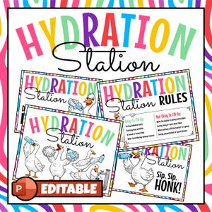 Könnte beinhalten: Bunte "Hydration Station" Schilder mit Cartoon-Gänsen, die Wasserflaschen halten. Die Schilder tragen den Text "Hydration Station" und "Editable". Ein Schild sagt "Sip, Sip, Honk!" und ein anderes listet Regeln auf.