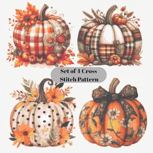 May include: A set of four cross-stitch patterns featuring detailed pumpkin designs. Each pumpkin showcases unique patterns, including plaid, polka dots, and floral accents, in autumnal colors like orange, brown, and cream. The text "Set of 4 Cross Stitch Pattern" is included.