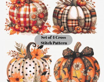 Set of 4 Small Pumpkin Cross Stitch Pattern, Leaves Cross Stitch Embroidery, Halloween Cross Stitch Halloween Decor, Harvest Cross Stitch