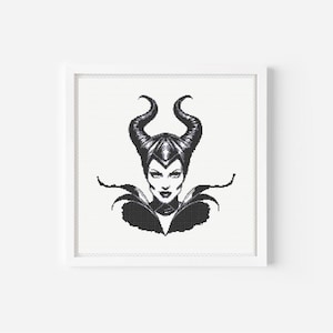 May include: Black and white illustration of Maleficent, a Disney villain, with her signature horns and evil expression.