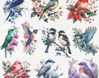 Conjunto de 10 patrones de punto de cruz de aves, con colibrí, cardenal y azulejo (descarga en PDF).