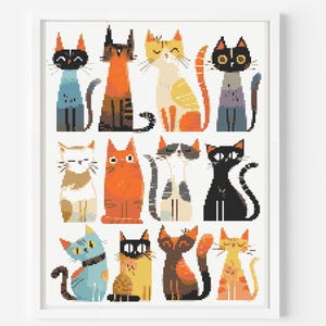 Puede incluir: Una ilustración colorida de 12 gatos en varias poses y colores. Los gatos están dispuestos en una cuadrícula, cada gato tiene una personalidad y una expresión únicas.