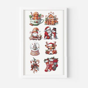 Può includere: Una stampa incorniciata con illustrazioni ad acquerello a tema natalizio. Le immagini includono un omino di pan di zenzero in una tazza, una casa di pan di zenzero, Babbo Natale, un pupazzo di neve, una palla di neve, una renna, bastoncini di zucchero e calze di Natale.