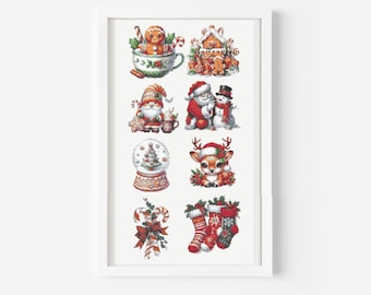 8 Mini, 70x70 Schema punto croce natalizio, Punto Sampler, Ricamo punto croce Babbo Natale, Punto croce invernale, Schema sampler natalizio