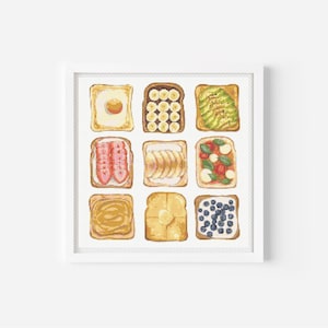 Toast Cross Stitch Pattern | Breakfast Cross Stitch Chart | Kitchen Poster Cross Stitch Ideas PDF | Modern Cross Stitch Egg, Avocado, Salmon