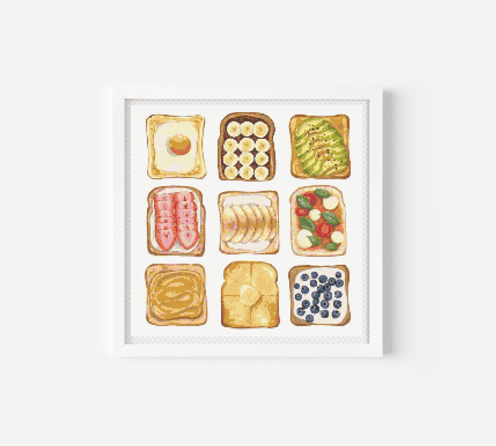 Kruissteekpatroon toast | Borduurpatroon ontbijt | Keukenposter, ideeën voor kruissteek, pdf | Modern kruissteek ei, avocado, zalm