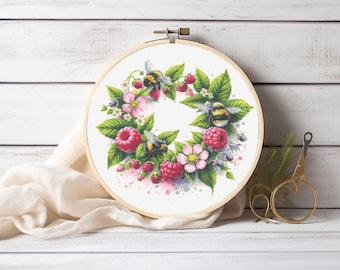 Blumenkranz Kreuzstichmuster PDF, Blumen Kreuzstich, Bienen Kreuzstich, Beeren Kreuzstich, Himbeer Kreuzstich