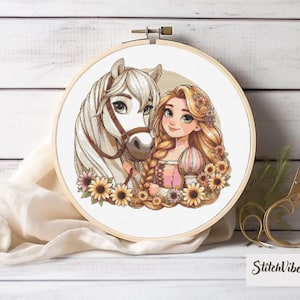 Rapunzel Cross Stitch Pattern Princess Embroidery Designs Counted Cross Stitch PDF Cartoon Characters Embroidery Patterns, Baby Shower Gift