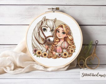 Rapunzel Cross Stitch Pattern Princess Embroidery Designs Counted Cross Stitch PDF Cartoon Characters Embroidery Patterns, Baby Shower Gift