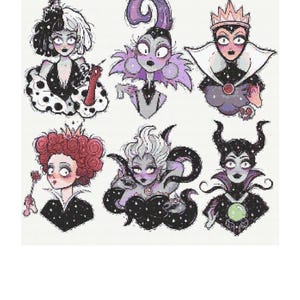 May include: Six different Disney villain characters are depicted in a cartoon style. Each character is surrounded by a black and white starry background. The characters are Cruella de Vil, Maleficent, Ursula, the Evil Queen, Queen of Hearts, and Dr. Facilier.