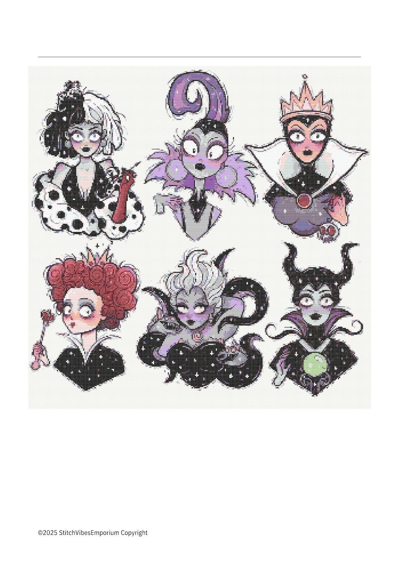 May include: Six different Disney villain characters are depicted in a cartoon style. Each character is surrounded by a black and white starry background. The characters are Cruella de Vil, Maleficent, Ursula, the Evil Queen, Queen of Hearts, and Dr. Facilier.