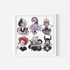 May include: A white framed print with illustrations of six Disney villains. The villains are Cruella de Vil, Maleficent, Ursula, the Evil Queen, Queen of Hearts, and Lady Tremaine. Each villain is depicted in a cartoon style with a colorful background.