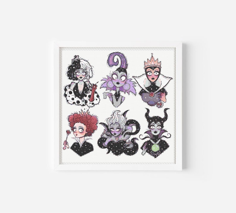 May include: A white framed print with illustrations of six Disney villains. The villains are Cruella de Vil, Maleficent, Ursula, the Evil Queen, Queen of Hearts, and Lady Tremaine. Each villain is depicted in a cartoon style with a colorful background.