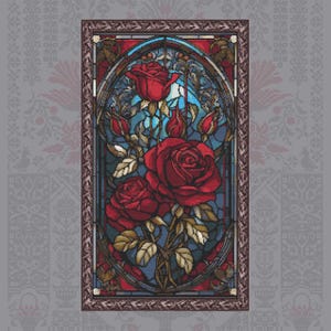 May include: A stained glass window design featuring a cluster of red roses with green leaves and stems. The roses are arranged in a circular pattern within a rectangular frame.