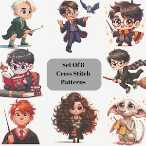 Puede incluir: Conjunto de 8 patrones de punto de cruz con personajes de la serie Harry Potter. Los patrones incluyen a Harry Potter, Hermione Granger, Ron Weasley, Draco Malfoy, Luna Lovegood, Neville Longbottom, Dobby el elfo doméstico y un búho de Hogwarts.