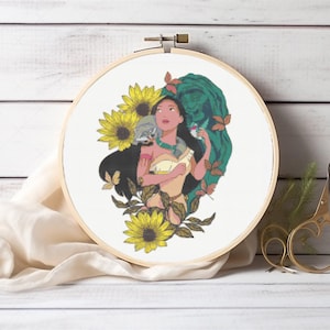 Schema punto croce Pocahontas, Disney, principesse, ricamo a punto croce, personaggi dei cartoni animati