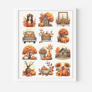 May include: A framed print featuring a collage of autumn-themed illustrations. The images include pumpkins, sunflowers, trees with orange leaves, a truck, a house, and a woman with a floral crown. The color palette is dominated by warm oranges, browns, and yellows.
