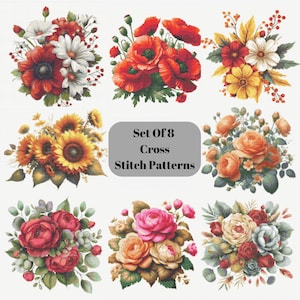 Kreuzstichmuster Set, Sonnenblumenstrauß Kreuzstichmuster PDF, Schönes Blumenstickerei Wohnkultur Geschenk