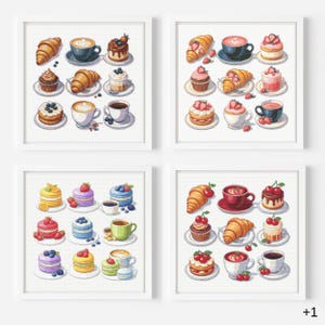 Set of 5 Coffee Cross Stitch Pattern, Macarons Cross Stitch, Breakfast Cross Stitch, Kitchen Poster Cross Stitch, Croissant Cross Stitch