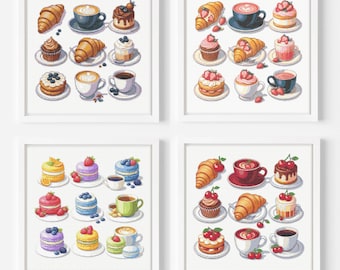 Set of 5 Coffee Cross Stitch Pattern, Macarons Cross Stitch, Breakfast Cross Stitch, Kitchen Poster Cross Stitch, Croissant Cross Stitch