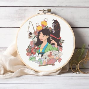 Mulan Cross Stitch Pattern, Dragon Mushu Cross Stitch Princesses Embroidery Designs Counted Cross Stitch Cartoon Characters Embroidery
